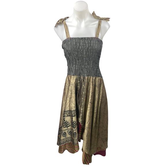 Belma Gold Gray Metallic Sleeveless Smocked Cami Camisole Midi A-Line Dress OS - Picture 1 of 4